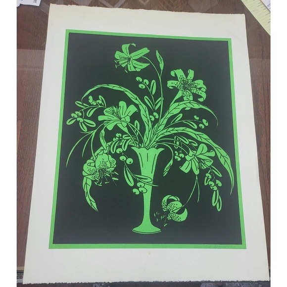 C.S. Shawver Beautiful Green Floral Black Background Art Print 7/90 - Picture 2 of 6